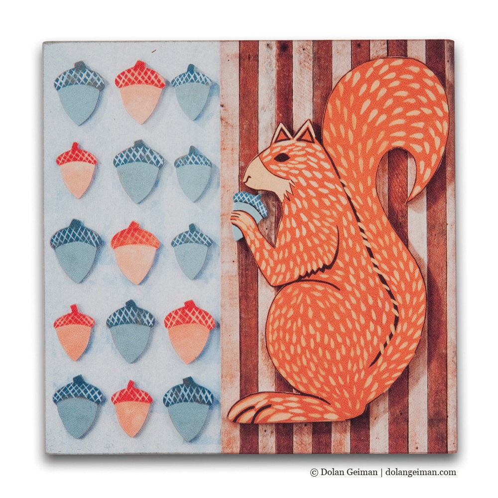 Miniature Squirrel Wall Decor, Giclee Reproduction on Wood, Nature Trail: Squirrel DG Mini, Blue Red Acorns