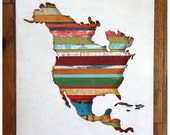 Map Silhouette Art, The Americas: North America, Colorful Reclaimed Wood Stripes, In Stock Ready to Ship
