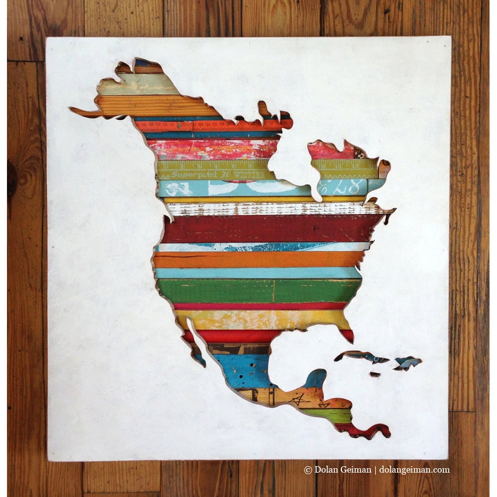 Map Silhouette Art, The Americas: North America, Colorful Reclaimed Wood Stripes, In Stock Ready to Ship