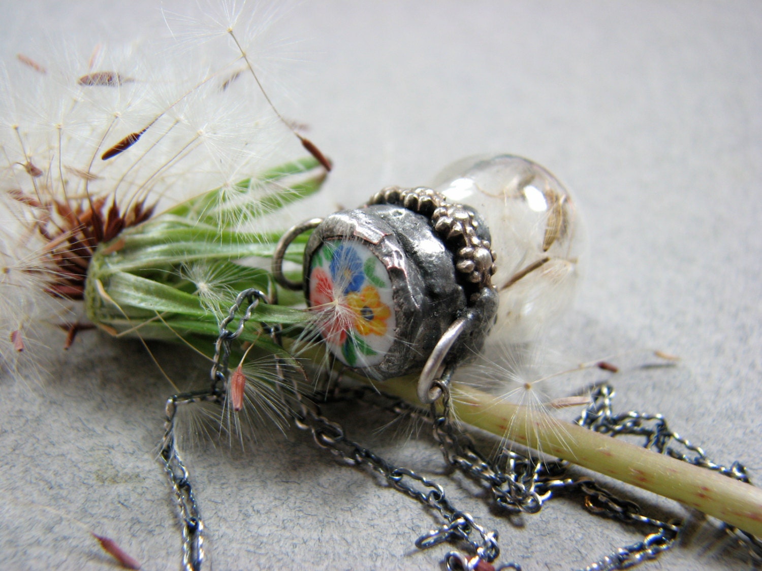 Dandelion fluff in a bottle necklace