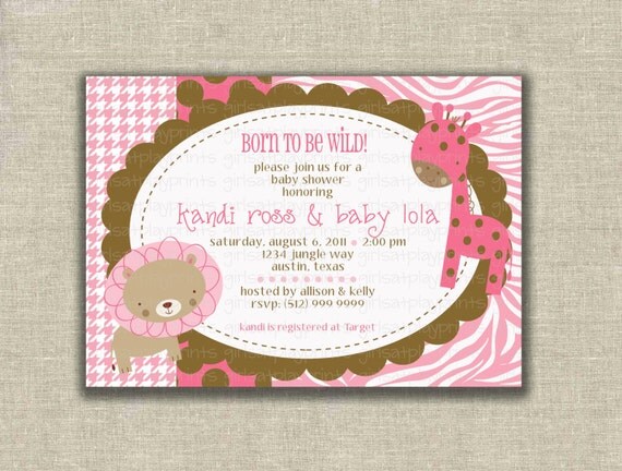 Baby Girl Shower Invitation Jungle Animal Wild Print PINK BROWN Print by you -by girls at play Il_570xn