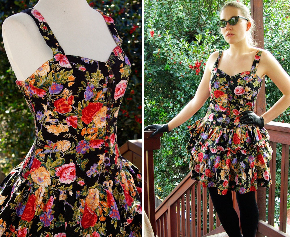 PARTY Girl 1980's 90's Floral Cupcake Dress with Layered Ruffled Skirt by Boutique EUROPA  size Medium