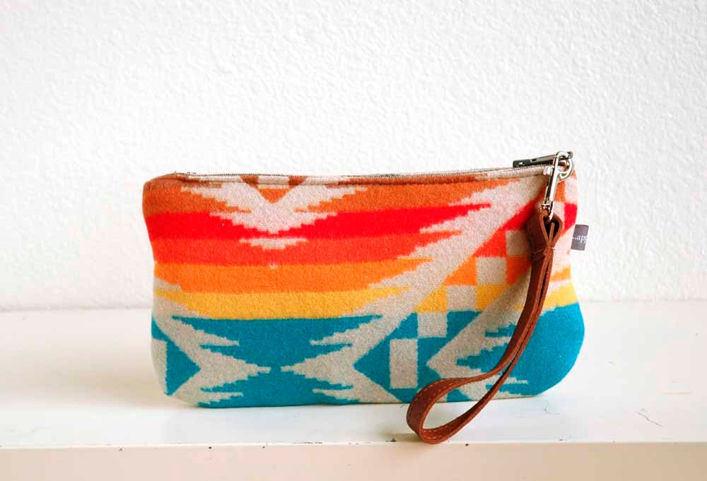 Wool Patterned Wristlet in Turquoise, Red, Yellow and Creme