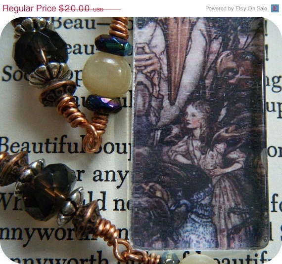 SUMMER SALE Alice in Wonderland Beaded Copper and Glass Pendant Necklace