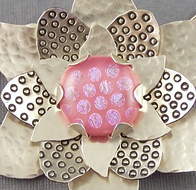 Pink Dichroic Glass and Sterling Silver  Flower Pendant