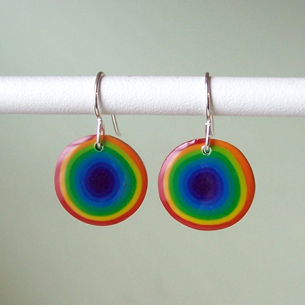 Earrings - Rainbow Circles polymer clay purple inside