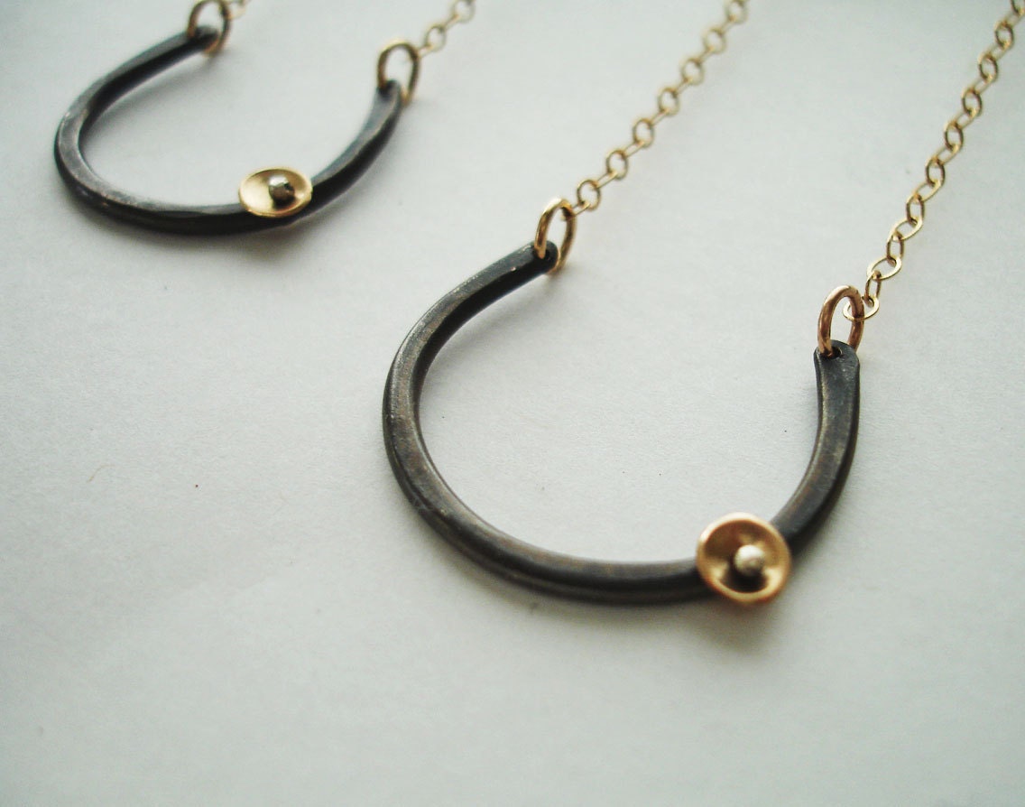 Lucky Horseshoe Black and Gold Charm Necklace FREE SHIPPING - Modern Simple Oxidized Recycled Silver with 14K gold fill disc accent