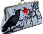 The Raven. Printed Edgar Allan Poe SMALL clutch/shoulder bag in dupion and silk (darker version). Unique, designed by Baba Studio.