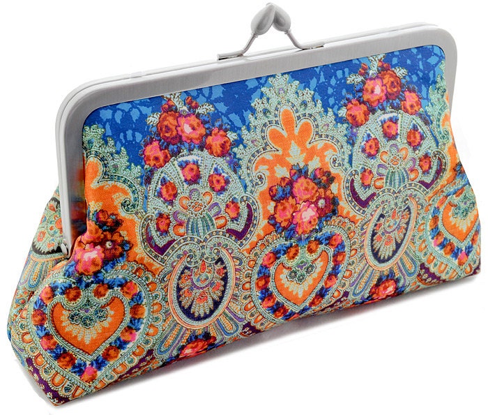 Printed Gypsy Soul SMALL clutch/shoulder bag in dupion and pretty printed satin lining. Cool teal version. Unique, designed by Baba Studio.