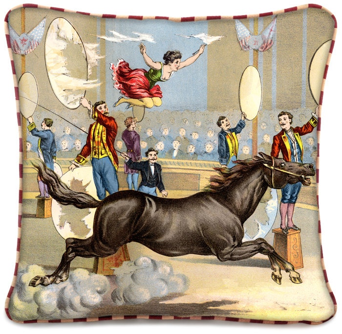 Circus. Jumping through hoops cushion/pillow with gold gilded linen with fun STRIPED piping.