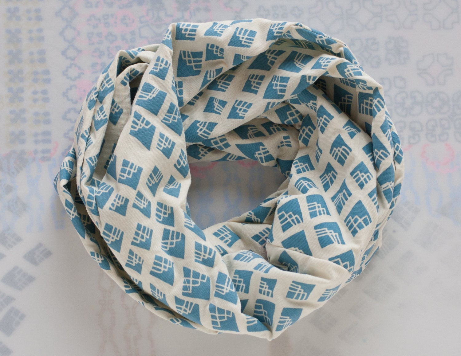 Organic Cotton Jersey Hand Printed Circle Scarf - Blue Diamonds