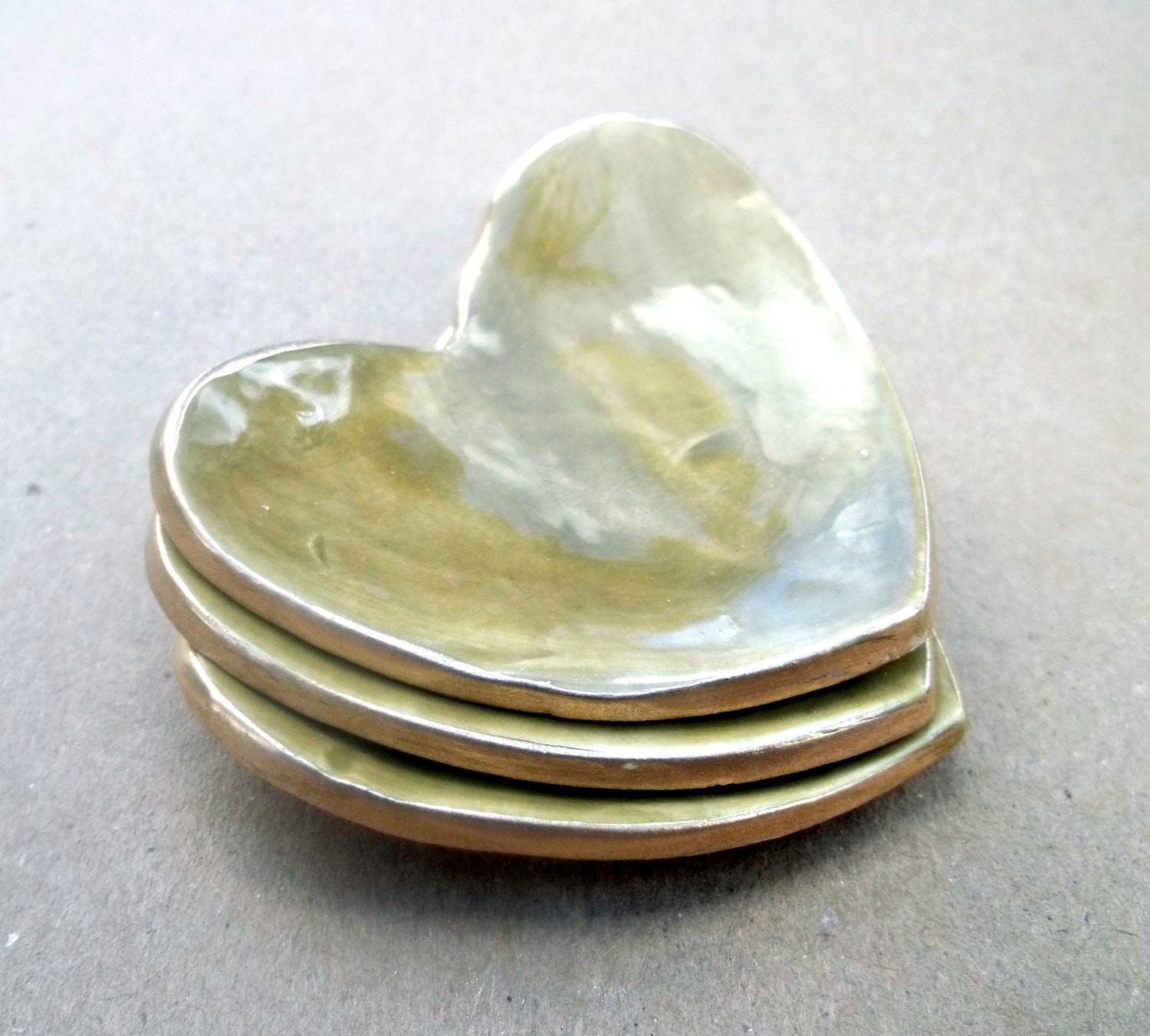 Ceramic THREE itty bitty  Heart Ring Bowls mustard yellow