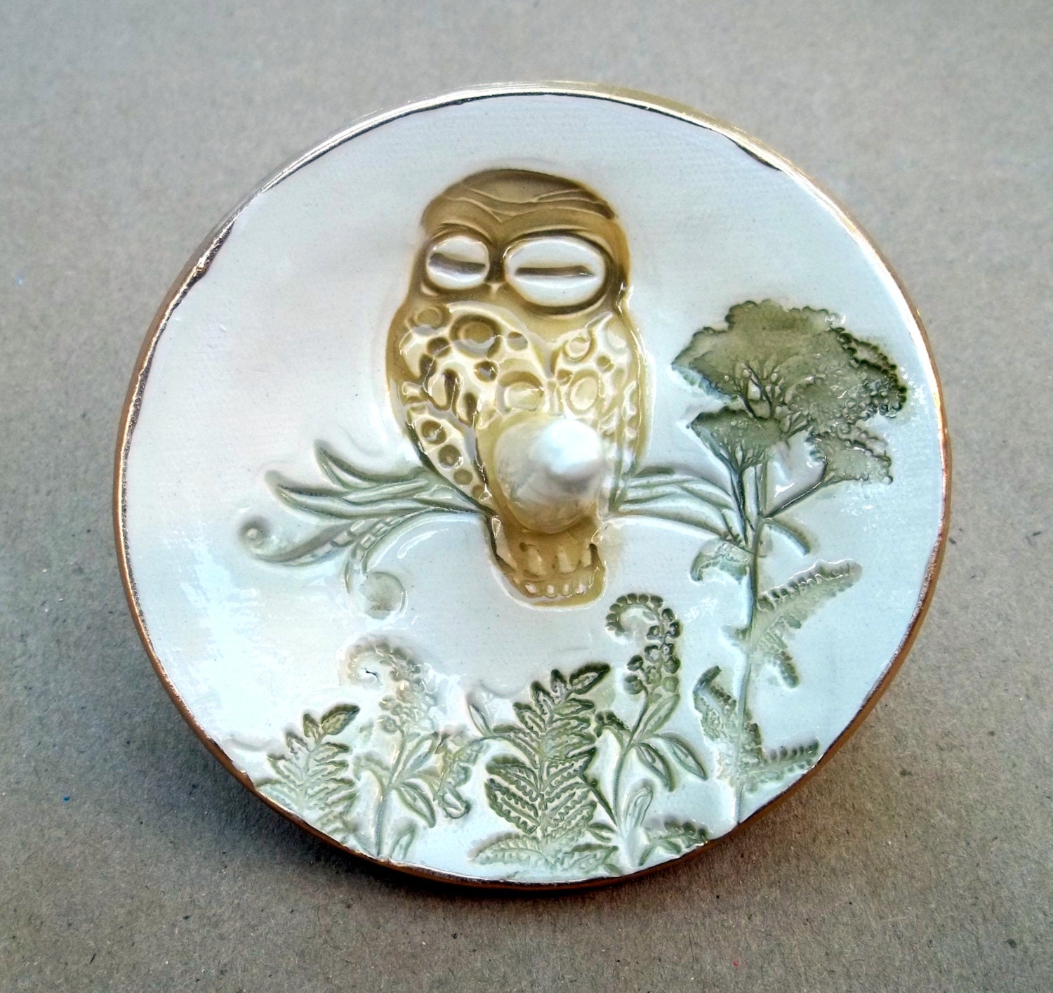Ceramic Yellow Owl with green ferns Ring Holder Bowl