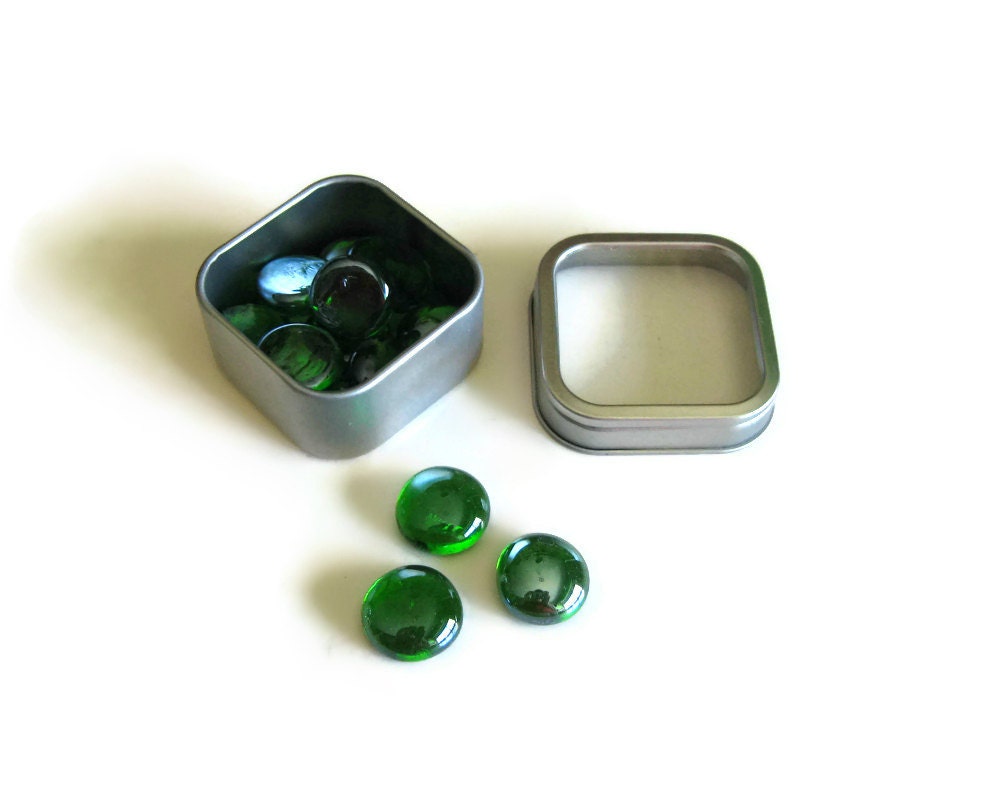 12 Iridescent Green Glass Gems in Square Tin Can