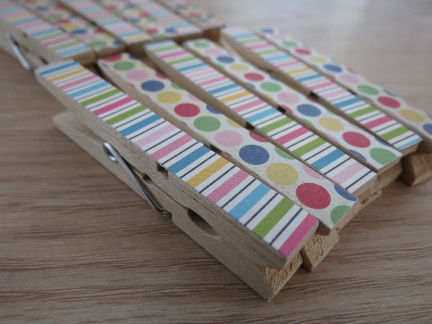 SALE - Set of 12 - Decoupaged Clothespin Clips - Party Stripes and Polka Dots