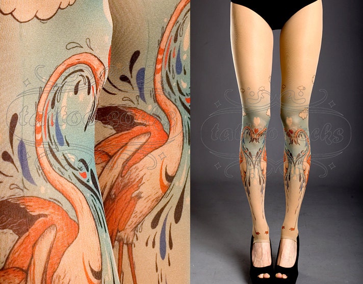 NEW nude one size Flamingo Love full length footless printed tights / pantyhose spring / summer