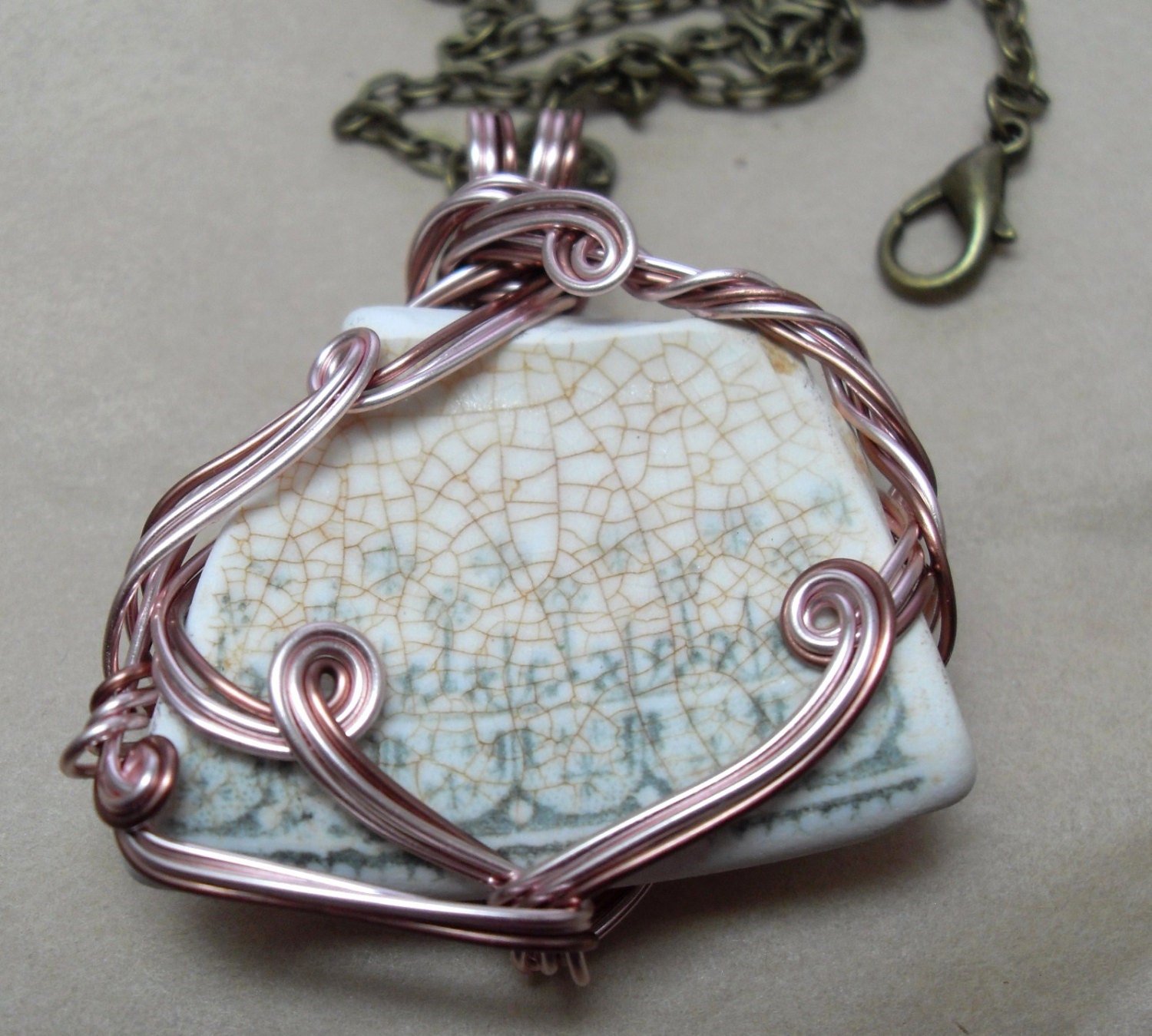 Blue Green and White Sea China Necklace with Rose Gold and Antiqued Copper Wire