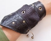 Darkwear Clothing Upcycled Black Grey Leather Bracelet Wrist Cuff  6 3/4 - 7 1/4 in OOAK ready to ship