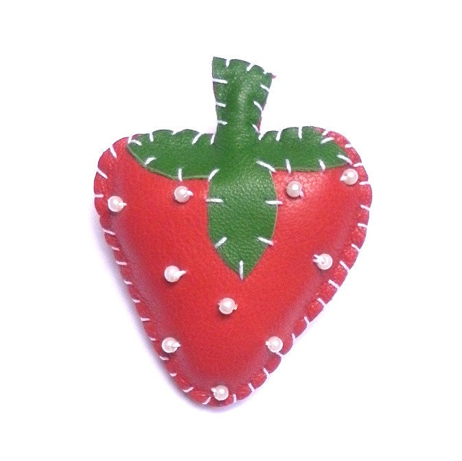 Leather Padded Strawberry brooch