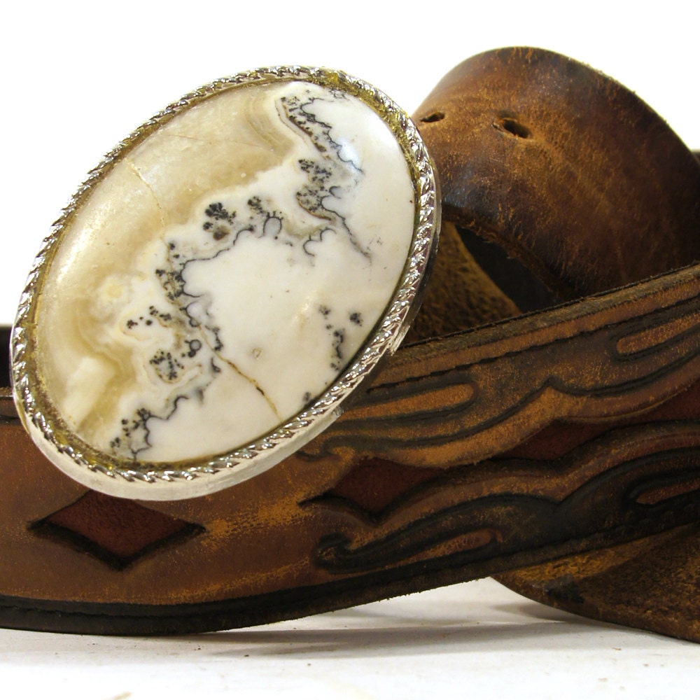 60s Tooled Leather Belt with Handmade Gemstone Belt Buckle