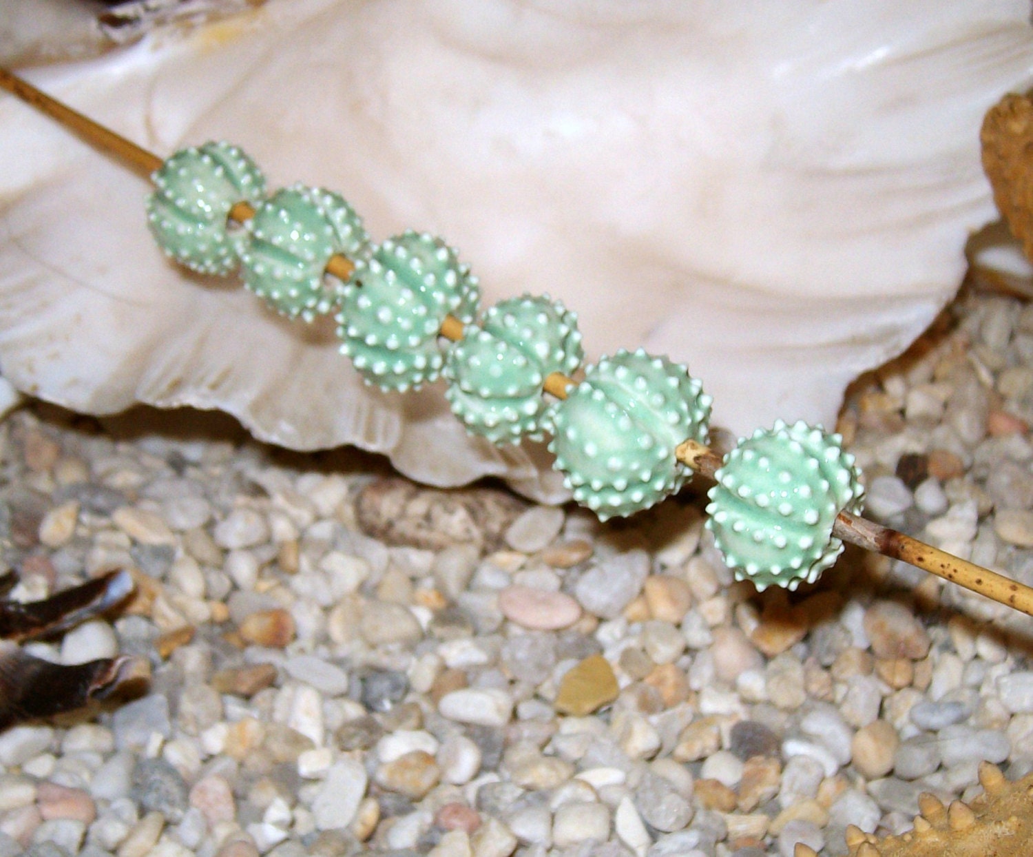 1 ceramic sea urchin bead mint green light green handmade ceramic spikey spiney beads choose qty