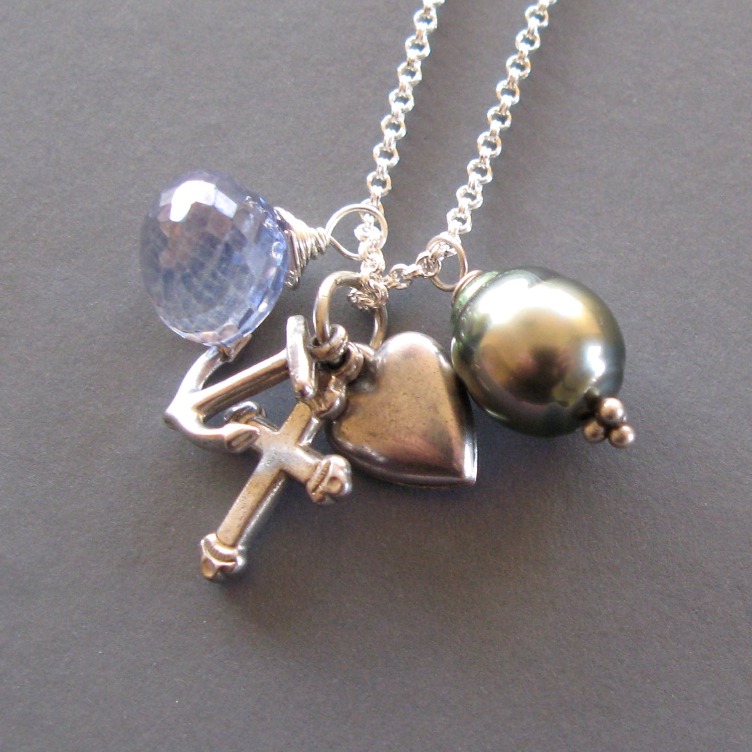 Necklace . Faith Hope Charity vintage charm . Tahitian pearl . Blue quartz . Sterling silver