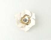 White and Gold Enamel Flower Brooch
