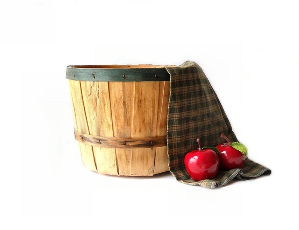 Vintage Apple Basket - Rustic Wood - Green Band