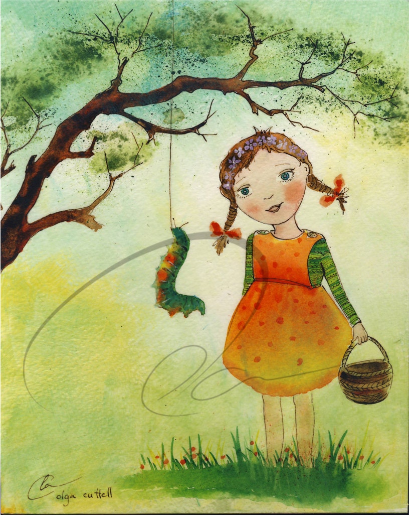 Silk Swing - Art Print caterpillar girl's nursery wall hanging little girl bedroom cute polka dot dress watercolor painting Oladesign 8x10