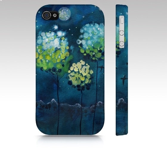iPhone4 Phone Case - Four Moons - blue cell cover full moon watercolor art magnolia blossoms tree night mountain painting Canadian Oladesign