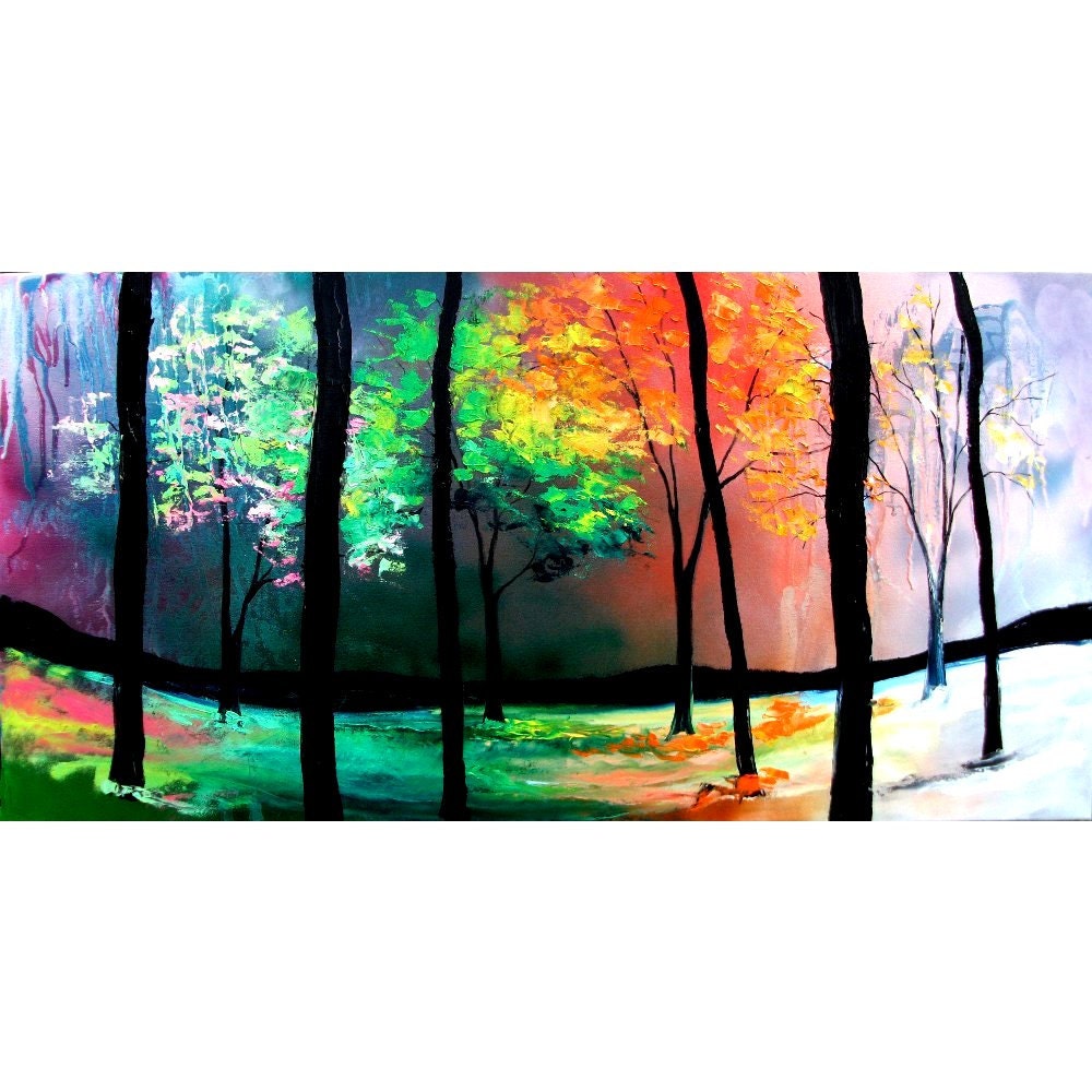 Oil painting landscape original huge forest by Aja The Four Seasons 24x48 inches