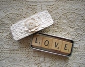 Wedding Favor Scrabble Magnets in Shabby Cream Ivory Decorated Slide Tin