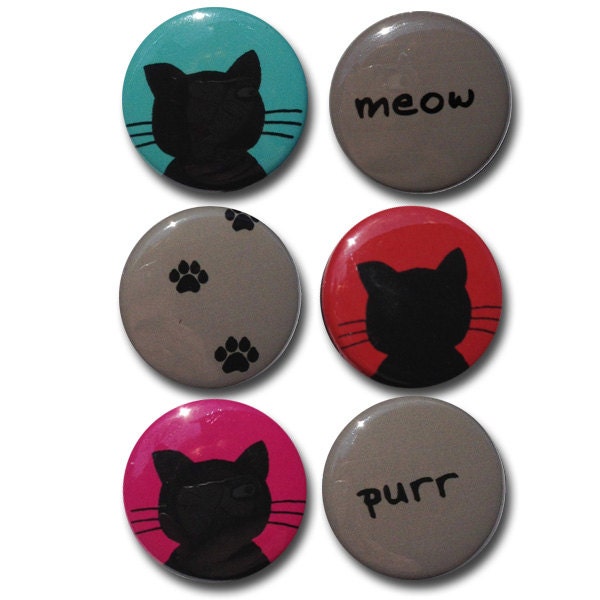Cat Magnets - 1 Inch magnets, cat art magnets, cat pinback buttons, cat silhouette, purr, meow, cat paw print, fridge magnet