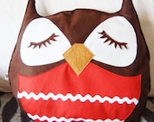 Brown Stewart the Owl Red Belly Vintage Inspired Wool Felt Applique Decorative Doll Pillow