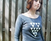 Silkscreen womens tshirt, gray 3/4 sleeve, white triangles design, S-XL, womans top, womens graphic tee