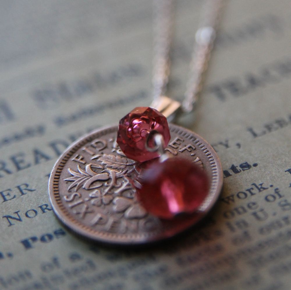 Sixpence Necklace with Vintage Coin, Swarovski Crystal and Sterling Silver