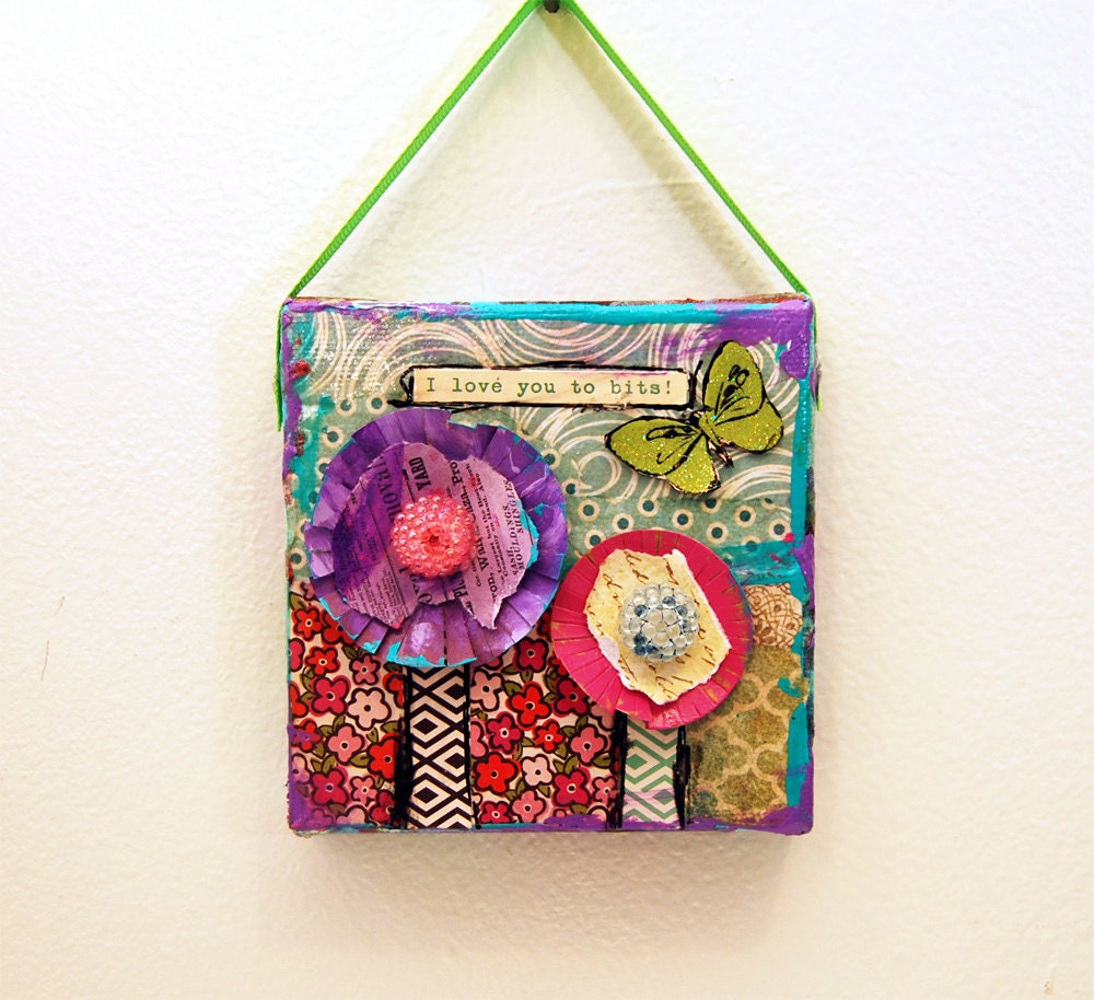 floral home decor art, purple pink aqua chartreuse green mixed media original flower canvas art 4x4" wall hanging butterfly