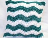Crochet Pillow in Aqua and White Chevron Stripes, 14" x 14"