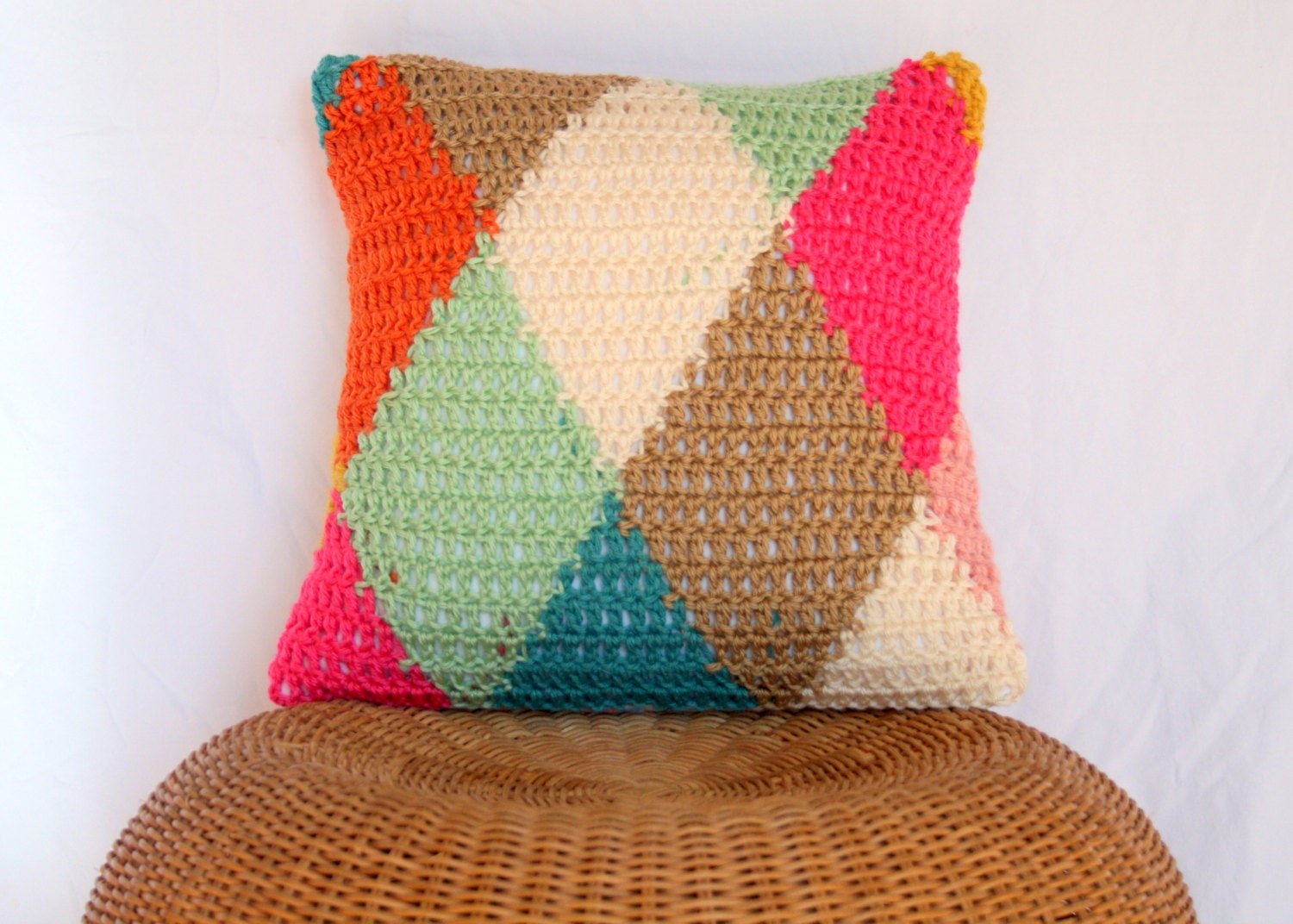 Crochet Decorative Pillow of Diamonds in Aqua, Orange, Tan, Mint, Pink and Cream