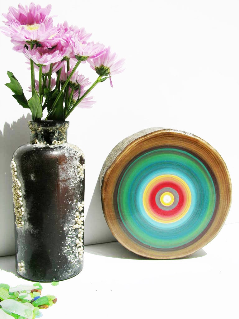 one VERY LARGE eco friendly geometric painted tree rings midcentury modern chic art D21
