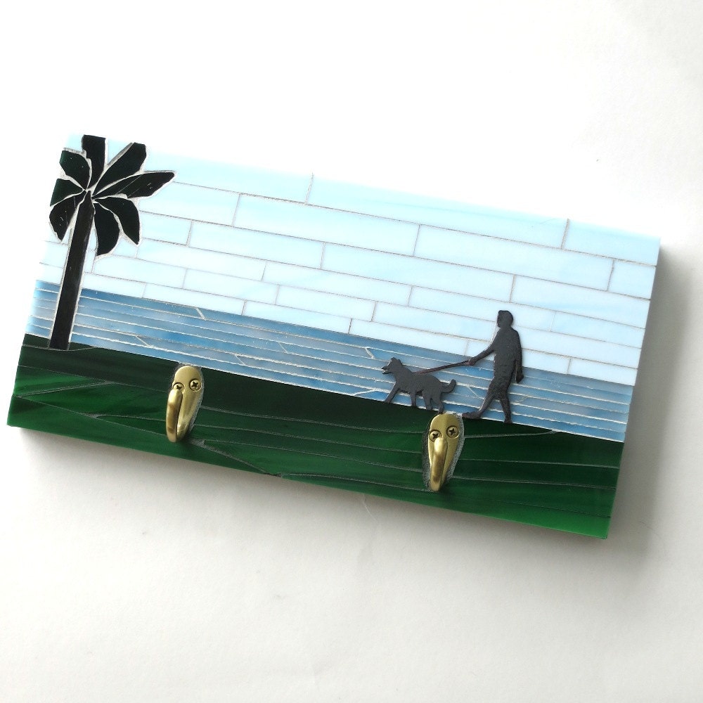Two Hook Leash Holder - Glass Mosaic and Enameled Man and Dog Silhouettes