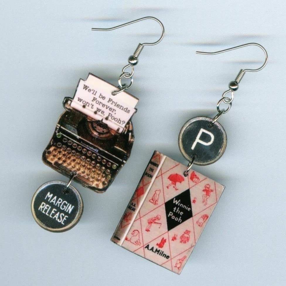Winnie the Pooh EARRINGS A. A. Milne BOOK Vintage Typewriter