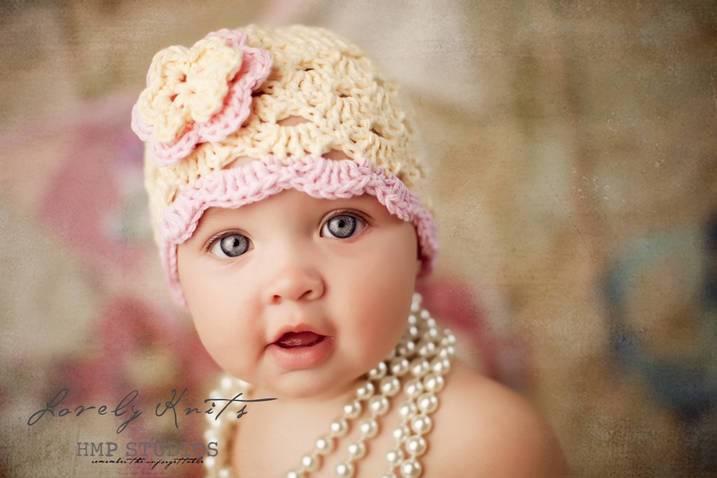 Girls Hat, Newborn Hat, Child Crochet Hat, Cream, Pastel Pink and Cream Flower Beanie Baby Hat, Photography prop, READY TO SHIP