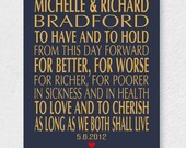 Something Blue Wedding Vows, Custom Wording Personalized Wedding Sign, First Year Paper Anniversary, 11x14 Midnight Navy Blue and Gold