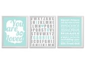 Nursery Art Print Set - Name Alphabet Poster, You Are So Loved, Boy Subway Sign - Aqua and Grey 11x14 Nursery Decor Package
