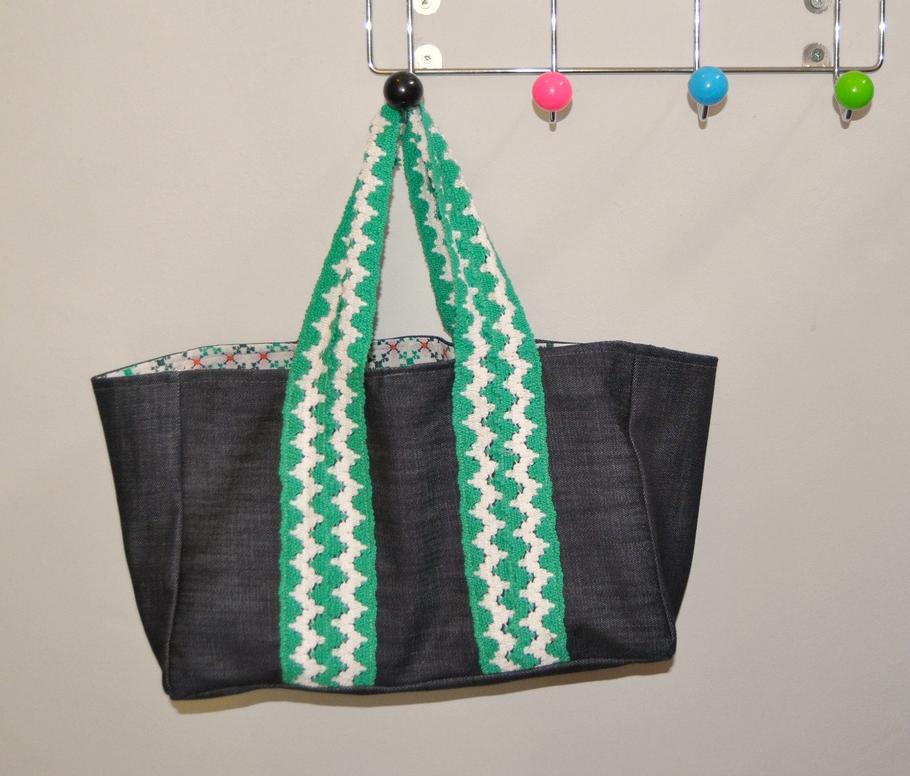 Denim and green Bucket Bag