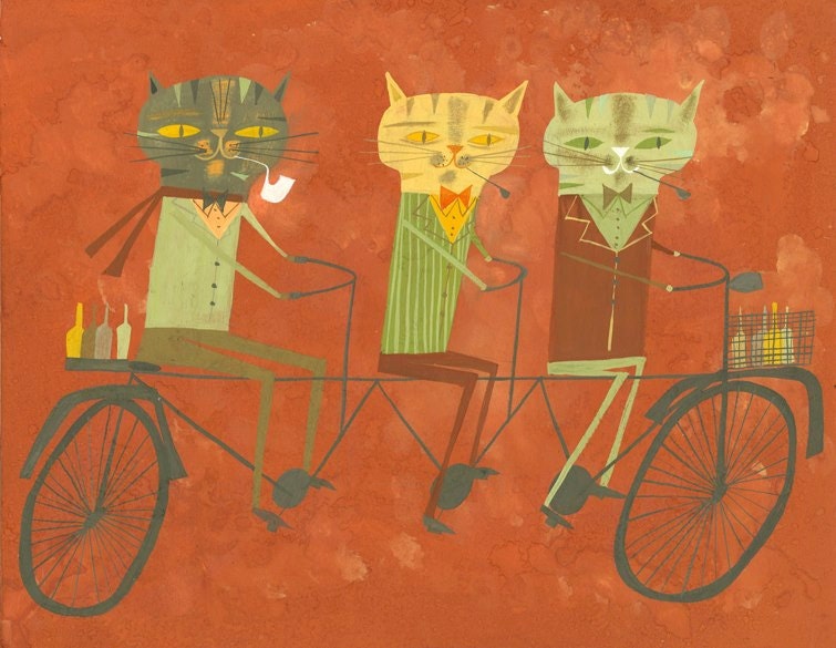 Three philosophers on a tandem bicycle. Limited edition 11x14 print by Matte Stephens.