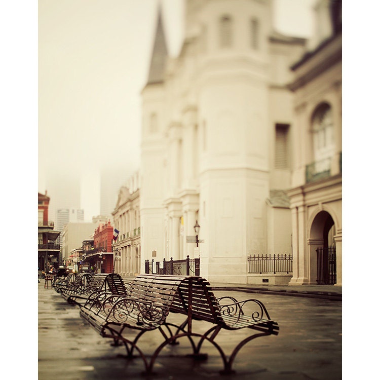 Jackson Square - New Orleans Art Print, Color Photography, Spring Fog, Urban Wall Art, Bench, Beige, Brown, Spring