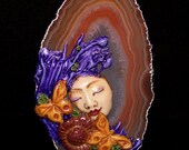 Spring Flowers and Butterflies Goddess Face Pendant or Bead Carnelian Agate and Polymer Clay