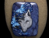 Wolf and Butterfly Friends on Blue Dumortierite BEAD Natural Stone and hand painted polymer clay